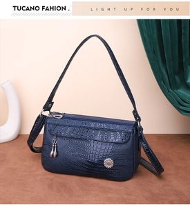 Dettaglio borsa a mano blu navy effetto coccodrillo con zip argento e ciondolo con logo