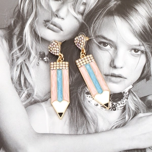 Exaggerated heart and pencil drop earrings with colorful rhinestones and enamel finish