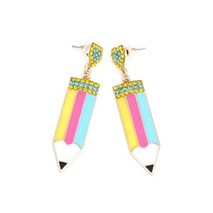 Exaggerated colorful pencil drop earrings with heart crystal studs and enamel finish