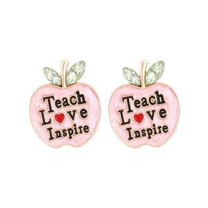 Apple Stud Earrings Alloy Enamel Teach Love Inspire Text Rhinestone Heart Sweet Fruit Jewelry Teacher Gift
