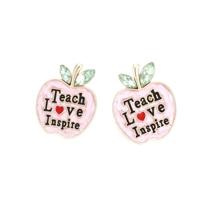 Pink enamel apple earrings with Teach Love Inspire text and green crystal leaves