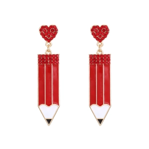 Exaggerated red pencil heart drop earrings with colorful crystals and enamel finish