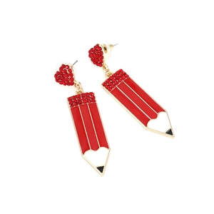 Detailed view of red pencil earrings with rhinestone hearts and gold finish accents