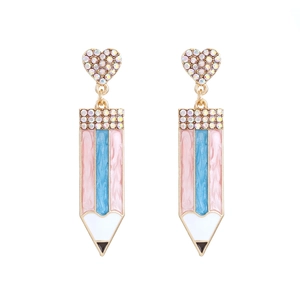 Gold pencil drop earrings with heart crystal studs and colorful enamel finish