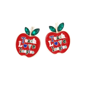 Sweet apple earrings with Teach Love Inspire text and green crystals in red finish