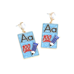 Boucles d'oreilles style campus avec livre en émail bleu crayon Aa et marquage 100 points