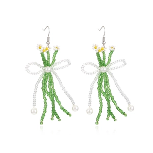 Boucles Oreilles Longues Künstliche Perles Faites Main Fleur Marguerite Nœud Frange Imitation Künstliche Perle Style Pastoral Femmes