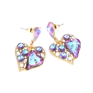 Boucles d'oreilles cœur dorées avec cristal violet et strass multicolores brillants