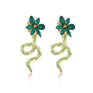 Vintage Snake Drop Earrings Alloy With Green Rhinestone Sparkling Flower Animal Style Fashion Jewelry For Women