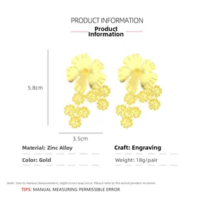 Detailed view of gold multi-layered daisy earrings with dimensions 5.8cm by 3.5cm
