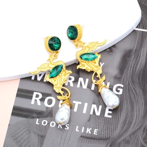 Vintage gold phoenix earrings with emerald crystals and white baroque pearls for women