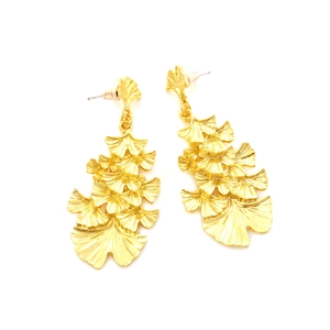 Retro multi-layered golden ginkgo leaf earrings with long vertical dangle design