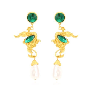 Vintage Court Style Dragon Phoenix Drop Earrings With Green Glass Crystals And Teardrop Imitation Artificial Pearls For Women