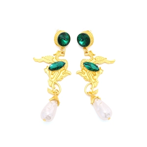 Vintage gold phoenix earrings with green gemstones and white water drop pearls