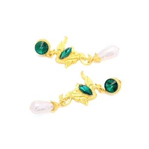 Vintage phoenix earrings with colorful crystals and white teardrop pearls in gold finish
