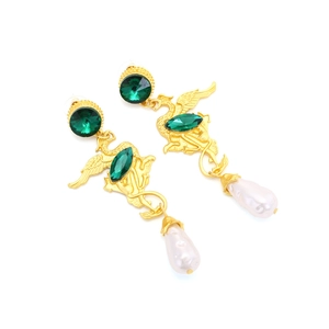 Vintage gold phoenix earrings with emerald gemstones and teardrop pearl pendants