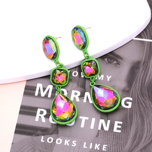 Three-tier layered teardrop earrings with neon green frame and rainbow crystals