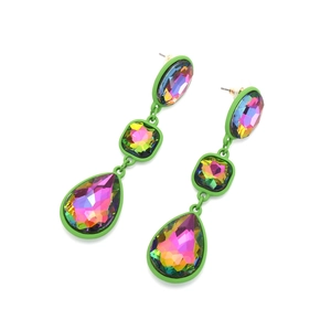 Detail view of colorful teardrop crystal earrings with green matte finish metal frames