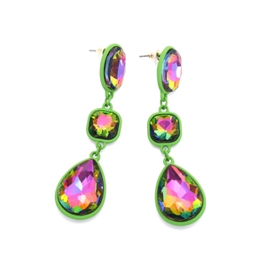 Three-tier colorful crystal teardrop earrings with green lacquered frames for women