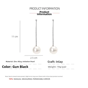 Detailed size specifications for long rhinestone pearl tassel earrings in gunmetal finish