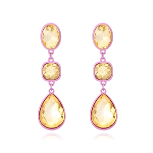 Three-tier teardrop crystal earrings with pink metal frames and yellow gemstones