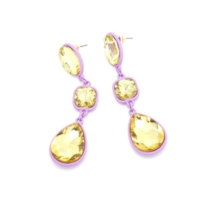 Detail view of teardrop crystal earrings with lavender enamel and yellow gemstones