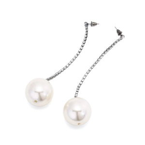 Elegant long rhinestone chain earrings with large white faux pearls on white background
