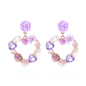 Heart Flower Drop Earrings Purple Crystal Resin Floral Sweet Vintage Style For Women With Silver Earring Post
