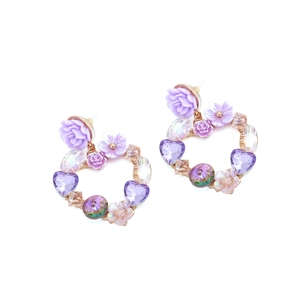 Romantic purple resin flower and heart crystal earrings in gold-toned setting