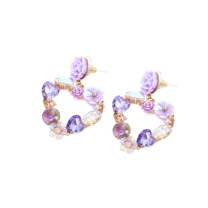 Elegant purple heart floral earrings with resin flowers and vintage crystal details