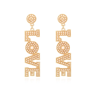 Elegant gold LOVE letter earrings with white pearls and long vertical drop design