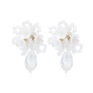 Handmade beaded flower stud earrings with a clear faceted teardrop crystal pendant