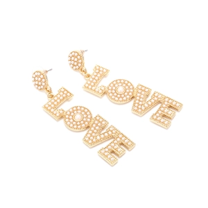 Exaggerated golden alloy LOVE letter earrings with faux pearl inlay for women