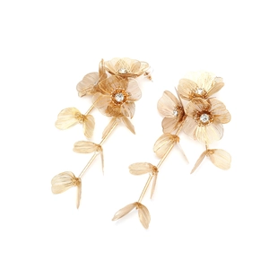Elegant gold long flower fringe earrings with mesh petals and sparkling rhinestone centers