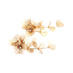 Detailed view of long golden mesh flower earrings with sparkling rhinestone centers