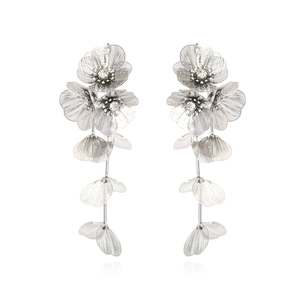 Elegant silver tassel earrings with intricate metallic mesh flower petals and leaf pendants