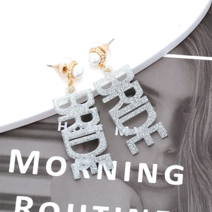 Sparkly silver BRIDE acrylic letter earrings with white faux pearl studs for weddings