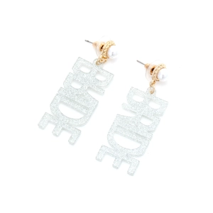 Sparkly silver glitter BRIDE letter drop earrings with pearls and gold hardware
