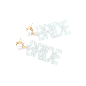 Acrylic glitter BRIDE letter earrings with gold studs and white pearls for wedding