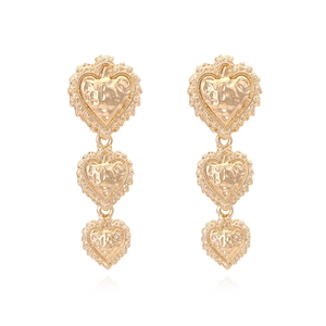 Vintage Gold Zinc Alloy Multi Layer Heart Drop Earrings With Hammered Texture Long Statement Dangle For Women