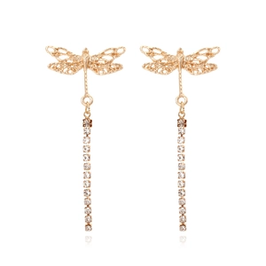 Vintage Gold Dragonfly Tassel Drop Earrings For Women Hollow Wings Elegant Rhinestone Dangle Jewelry Accessory