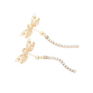Elegant gold dragonfly earrings with hollow wings and long zircon tassels on white background