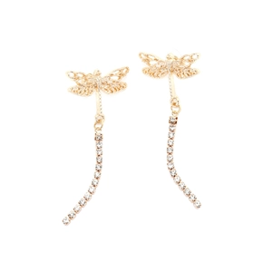 Elegant gold dragonfly drop earrings with sparkling crystals and long metal chains