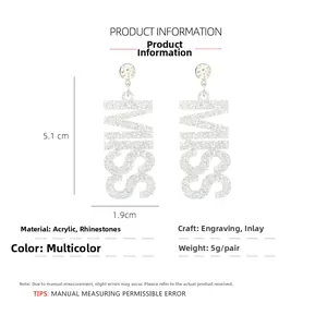 Detailed view of MISS letter acrylic earrings with dimensions 5.1cm height and 5g weight
