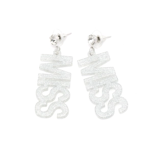 Fashionable acrylic MISS letter drop earrings with silver glitter finish and stud crystal