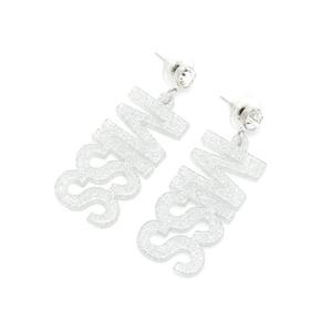 Glittery silver acrylic MISS letter drop earrings with round crystal studs for women