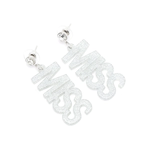 Close-up of MISS letter earrings with silver glitter finish and rhinestone studs