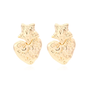 Boucles D'oreilles Pendantes Étoile Et Cœur Dorées Alliage De Zinc Martelé Bijoux Vintage Pour Femmes