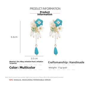 Detail of floral earrings with turquoise and pearls showing 6.6cm by 3.0cm dimensions