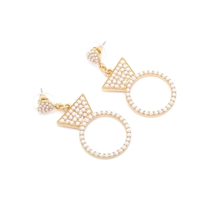 Gold-tone geometric drop earrings with heart and pearl accents on white background